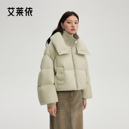 艾莱依短款羽绒服面包领蓬松新款时尚保暖简约针织拼接设计感外套