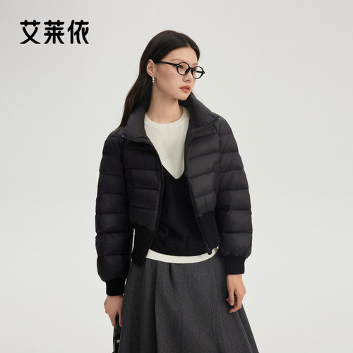 艾莱依针织拼接羽绒服新款立领短款减龄时尚百搭简约鸭绒保暖外套