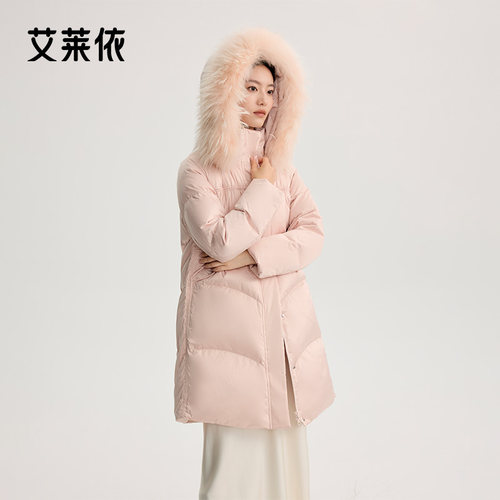 艾莱依大毛领连帽中长款羽绒服