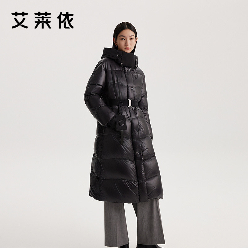 艾莱依质感羽绒服女时尚连帽户外运动风加厚保暖长款外套商场同款