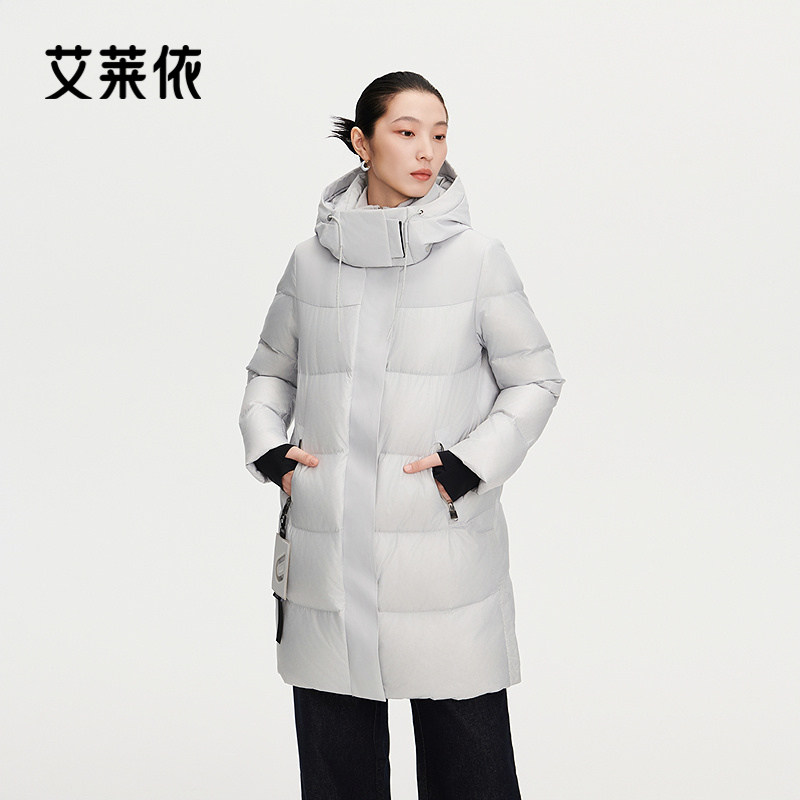 艾莱依商场同款冬季新品运动连帽大衣时尚中长款鹅绒服高级外套女