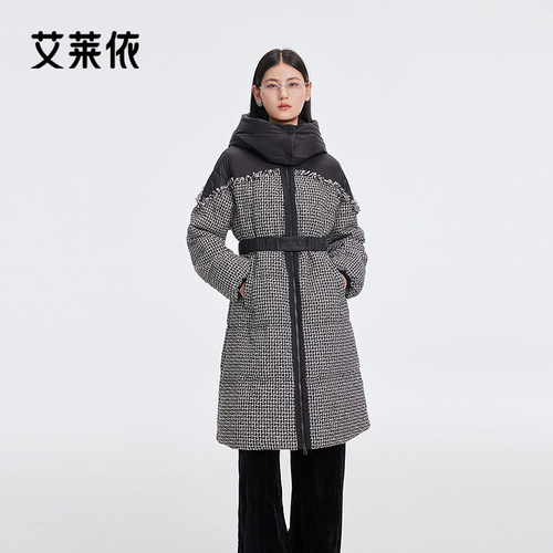 艾莱依精致落肩拼接羽绒服商场同款可脱卸腰带收腰显瘦秋冬外套女