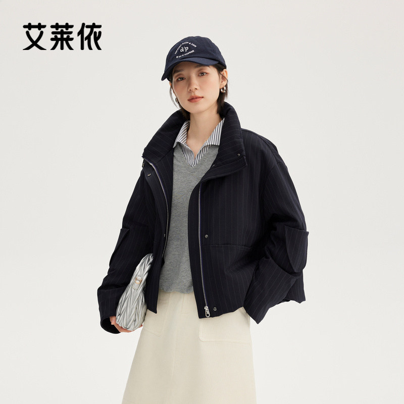 艾莱依新款羽绒服极简条纹立领秋装工装外套上衣鸭绒保暖短款上衣图片