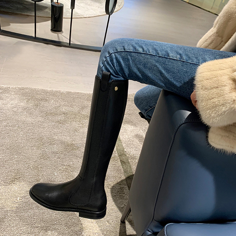 小香风黑色靴子女秋冬新款平底高筒骑士靴不过膝长靴高筒靴