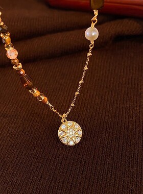 美拉德复古星星圆盘珍珠项链女款2025新款颈链轻奢小众精致锁骨链
