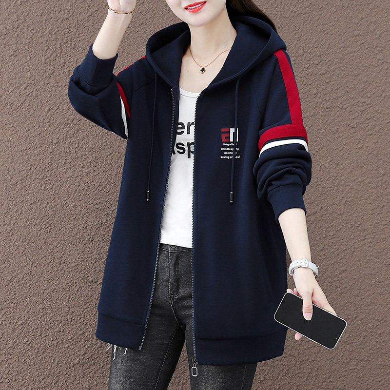 洋气拼接连帽拉链中长款外套