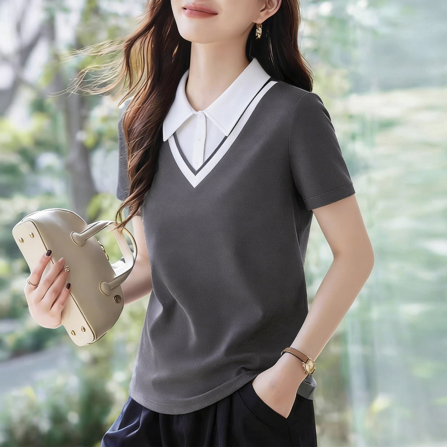 正肩短袖t恤女2026新款夏季爆款时尚高级感女装洋气翻领半袖上衣