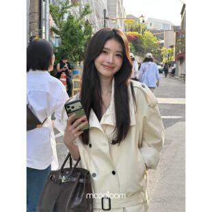 方圆同款简约翻领双排扣风衣女中长款腰带收腰米色外套