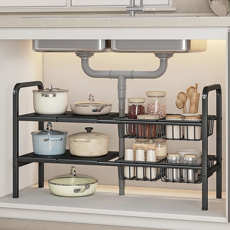 家用下水槽收纳架厨房置物架多层铁艺橱柜内放锅具架多功能免打孔