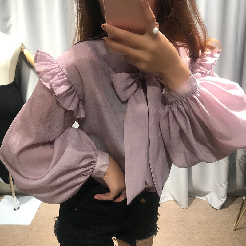 [亏本清仓] 冰丝雪纺韩版蝴蝶结透视衬衫荷叶边纯色灯笼袖上衣女