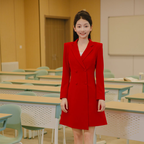 正红色播音艺考女装连衣西装裙