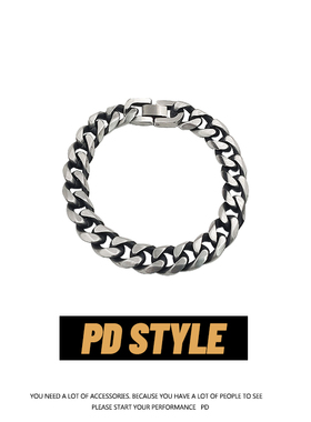 PDSTYLE 宽版古巴手链复古钛钢嘻哈简约个性情侣冷淡风手环男女潮