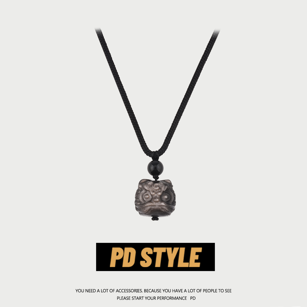 PDSTYLE 被问爆了！天然银曜石雕刻小醒狮情侣编织项链男女吊坠 饰品/流行首饰/时尚饰品新 项链 原图主图