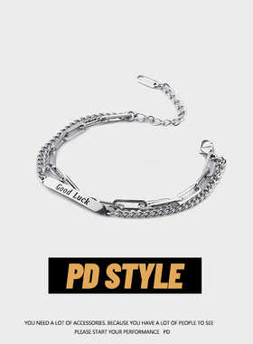 PDSTYLE 双层钛钢GoodLuck情侣手链男士潮简约个性闺蜜手环夏女