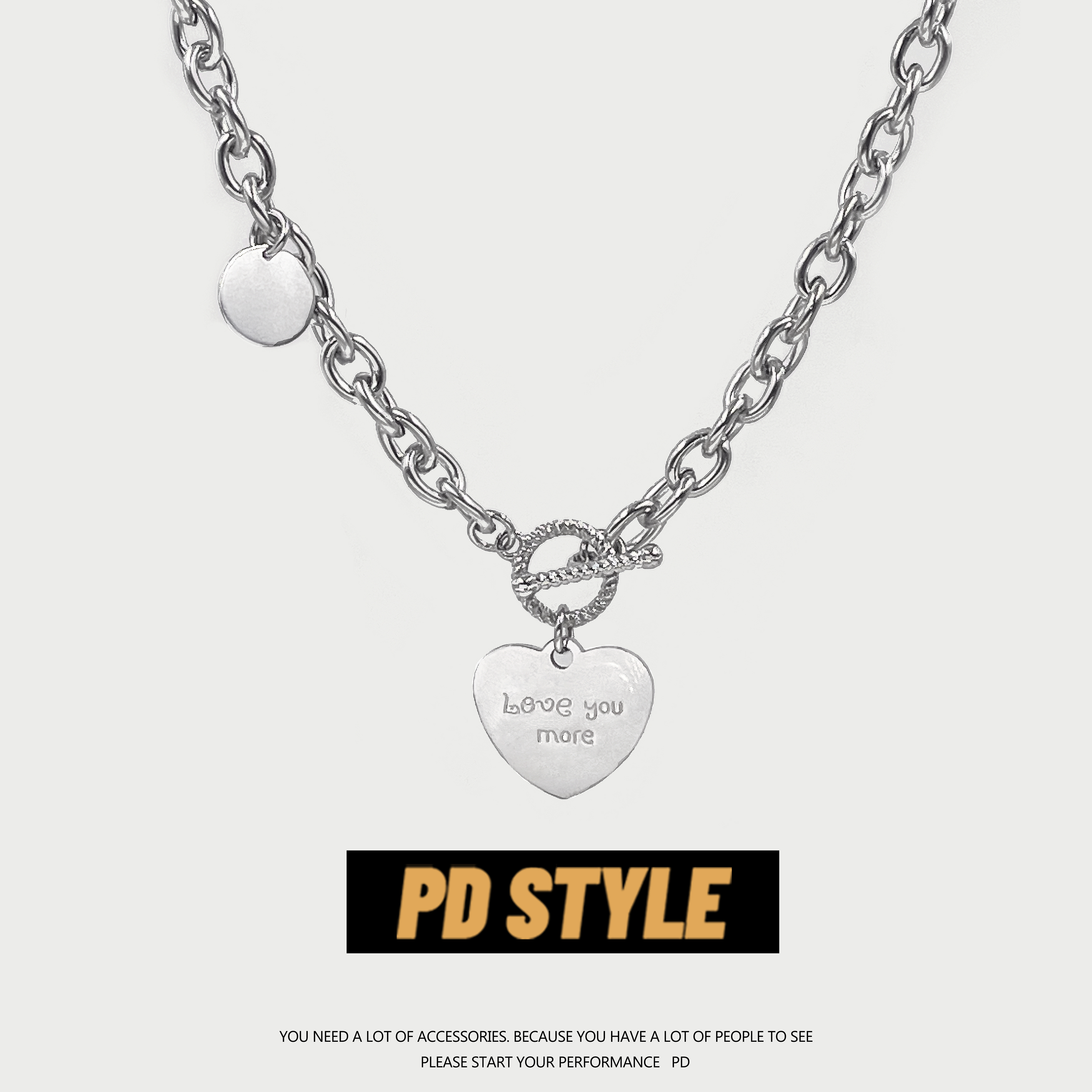 PDSTYLE爱心字母拼接圆牌项链女ins嘻哈小众简约钛钢锁骨链潮饰品