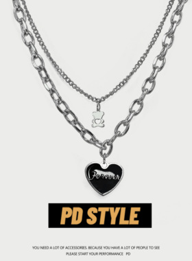 PDSTYLE 冷淡风funeven黑色桃心字母双层吊坠小熊项链女ins锁骨链