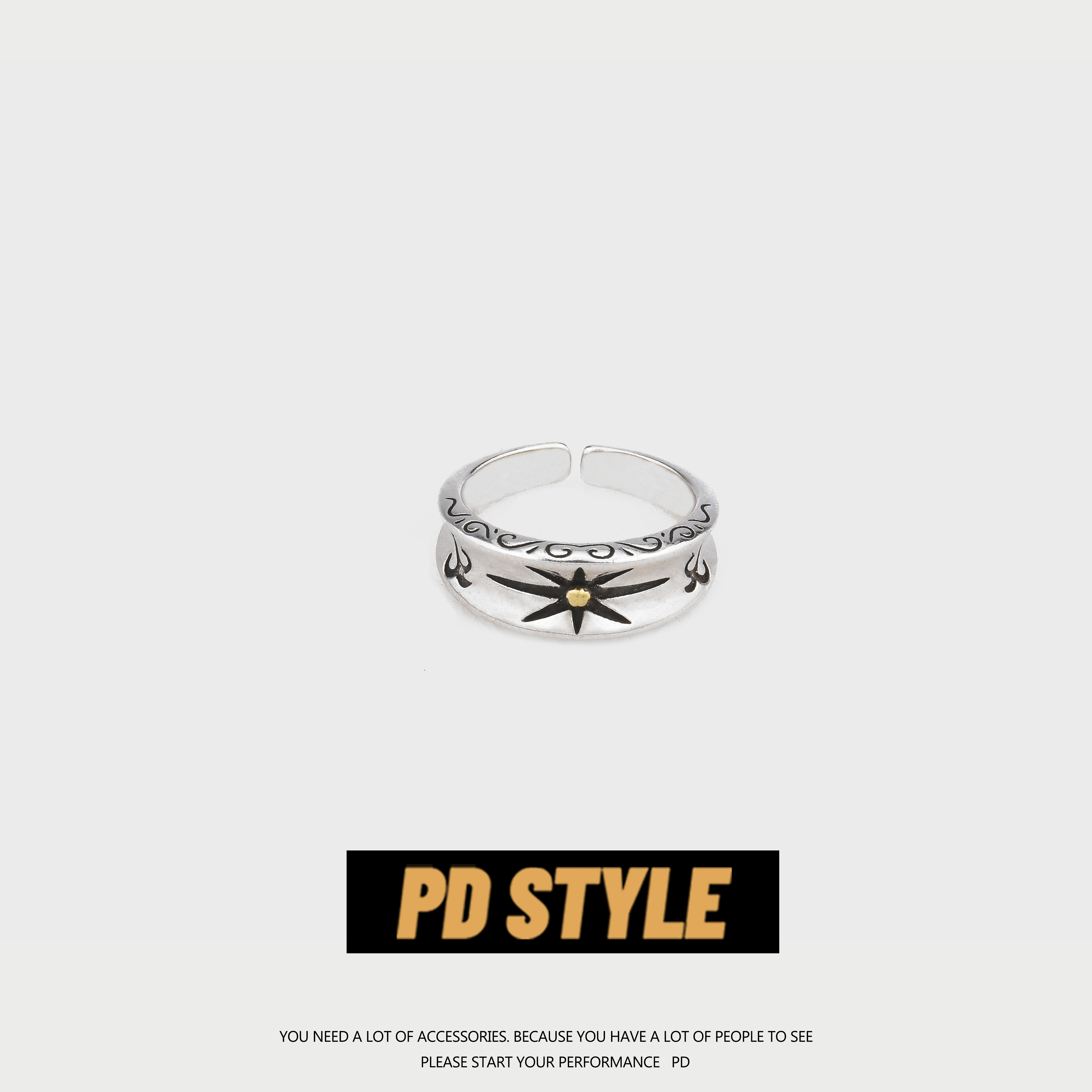 PDSTYLE日系复古点金芒星开口戒指男ins潮情侣个性女生银色食指环