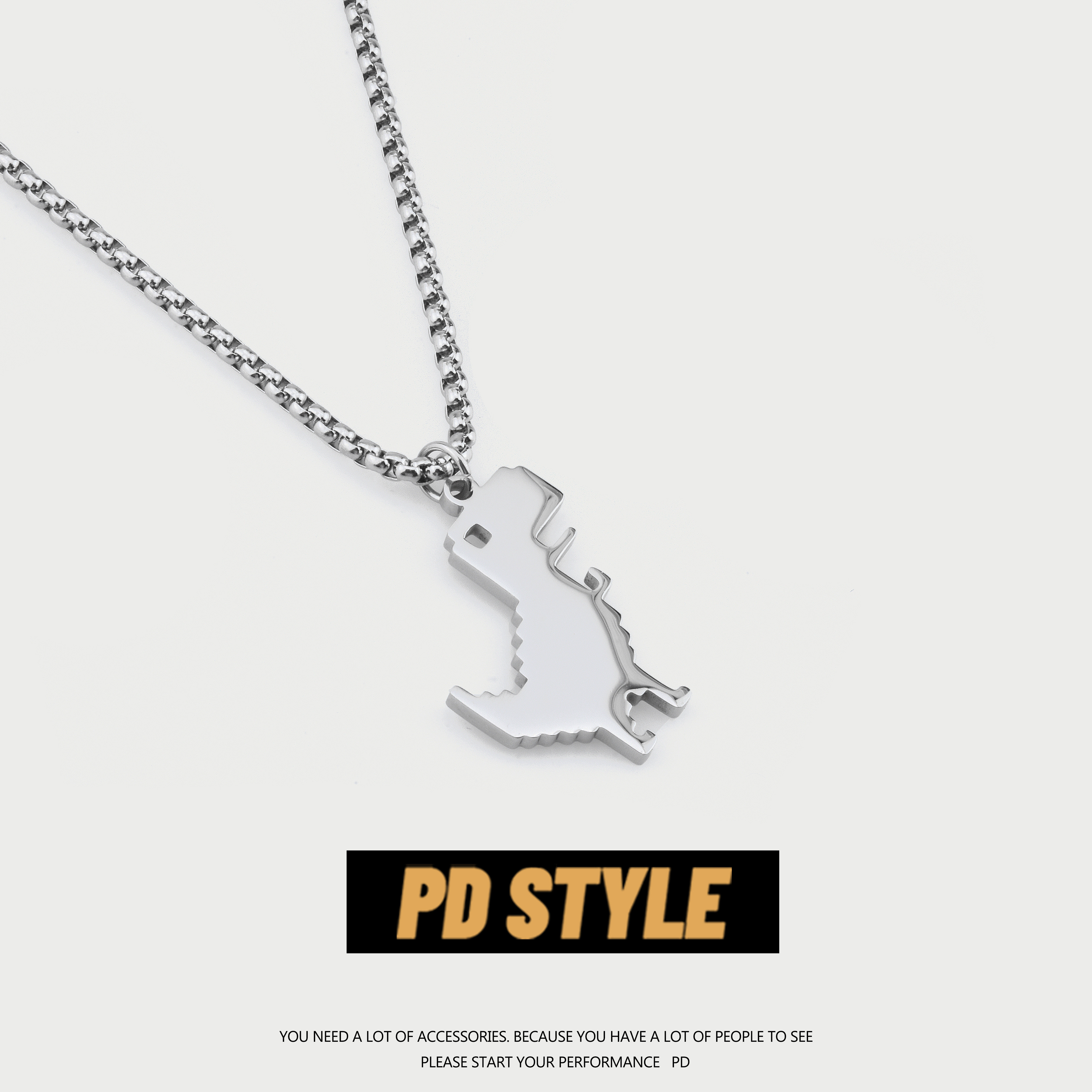 PDSTYLE 个性像素小恐龙钛钢吊坠项链ins男女街头嘻哈土酷饰品潮