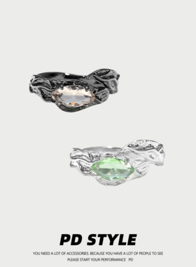 PDSTYLE 小众设计菱形绿粉单钻戒指男女生ins开口情侣一对潮品