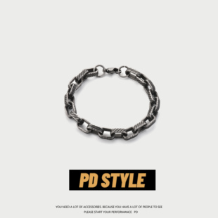 PDSTYLE 手链简单大方钛钢嘻哈潮流手环女手饰品 欧美复古条纹男士