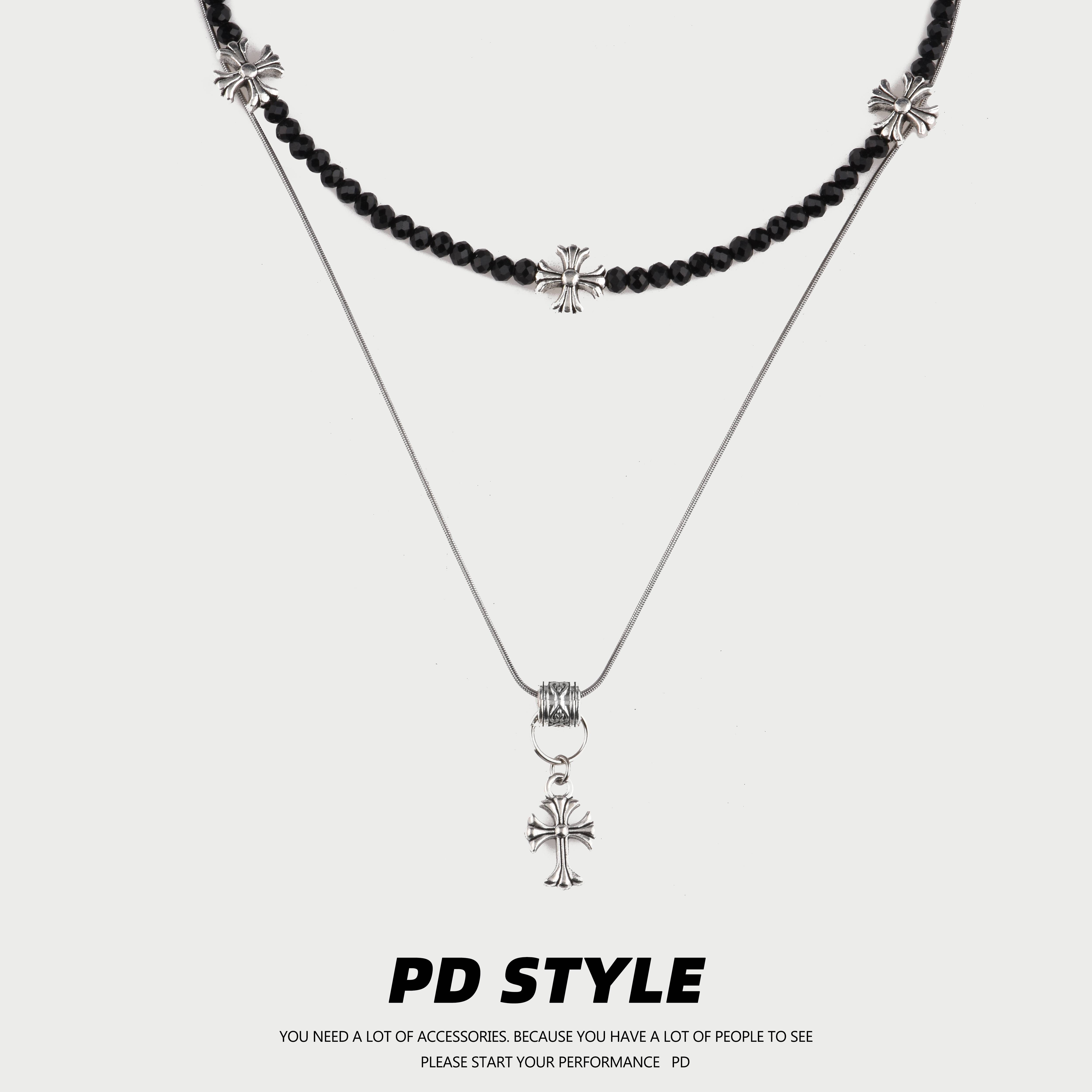 复古风双层黑水晶十字架项链