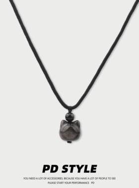 PDSTYLE 天然银耀可爱猫咪头项链男女生黑绳可调节简约可爱吊坠潮