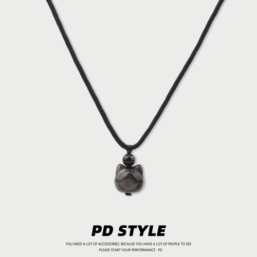 PDSTYLE 天然银耀可爱猫咪头项链男女生黑绳可调节简约可爱吊坠潮
