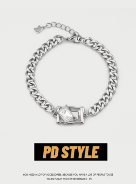 PDSTYLE 冷淡风钛钢古巴透明宝石镶嵌手链男女潮简约嘻哈情侣手环