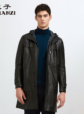 ZORANZI 庄子男商务休闲皮风衣外套中长款连帽皮外套LMR12772