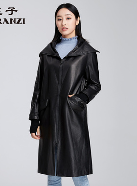 ZORANZI庄子女直筒型休闲百搭中长款皮衣黑色连帽皮外套LWJ16322