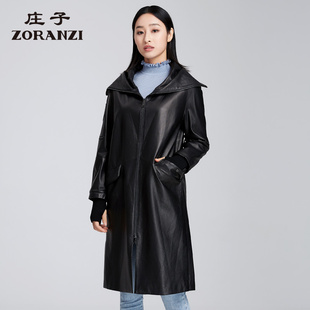 ZORANZI莊子女直筒型休閑百搭中長(zhǎng)款 皮衣黑色連帽皮外套LWJ16322
