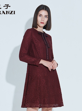 ZORANZI庄子女春秋气质通勤中长A字裙连衣裙蕾丝长袖裙子WDM32117