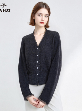 ZORANZI 庄子女装秋冬季深灰色针织开衫女短款V领打底衫WKU3618D