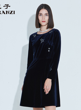 ZORANZI庄子春秋女气质A字裙显瘦刺绣丝绒圆领长袖连衣裙WDM32123