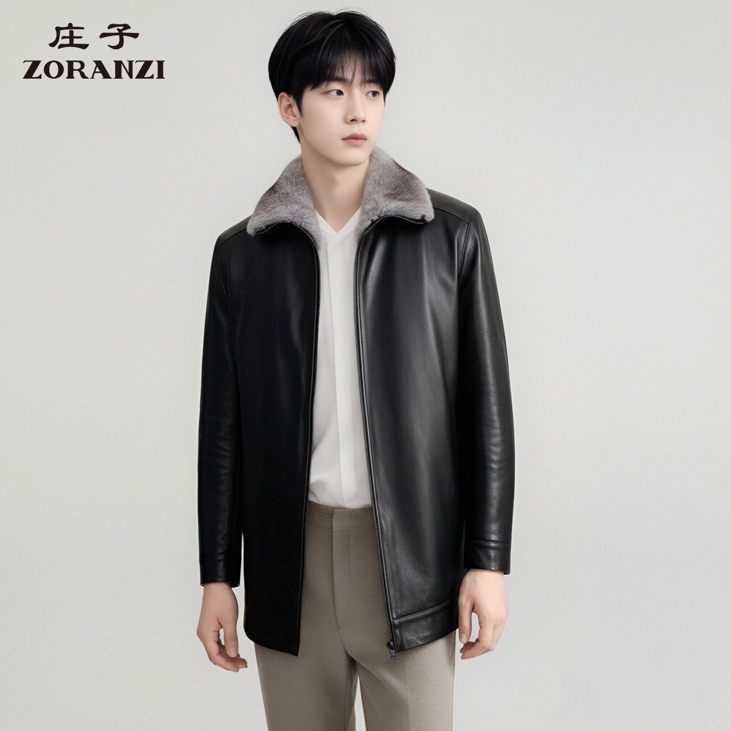 ZORANZI 庄子男装冬季黑色翻领皮衣男士水貂毛内胆外套MYR40615