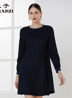 ZORANZI庄子女气质通勤长袖圆领连衣裙中长条纹针织裙子WDM43105