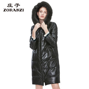 ZORANZI莊子女秋冬直筒時(shí)尚 通勤中長(zhǎng)皮羽絨服連帽外套LWJ16387