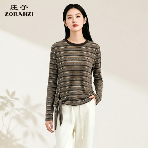 ZORANZI 庄子女装条纹长袖上衣圆领侧边系带时尚T恤衫WUV3602D
