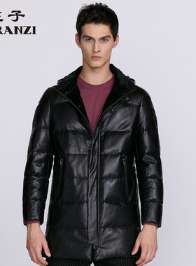 ZORANZI绵羊皮庄子男秋冬商务休闲连帽皮羽绒服修身外套LMR16799