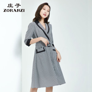 ZORANZI庄子春夏女气质中长款连衣裙千鸟格修身显瘦A字裙WDO12123