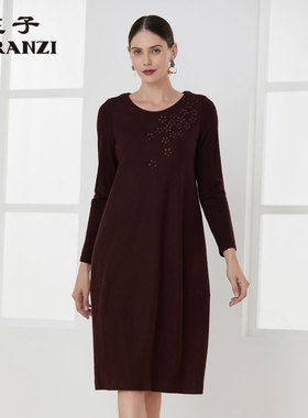 ZORANZI庄子秋冬女气质灯笼裙羊毛圆领中长修身连衣裙WDL43105