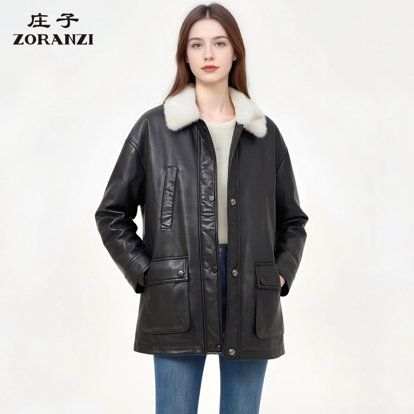 ZORANZI 庄子女装秋冬季皮衣女可拆卸水貂毛领皮外套LWOGU467Y