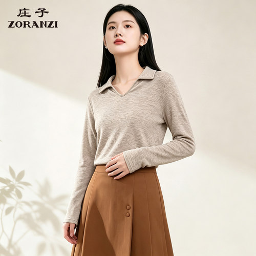 ZORANZI 庄子女装春秋翻领长袖T恤衫简约时尚女打底衫WUV3603D