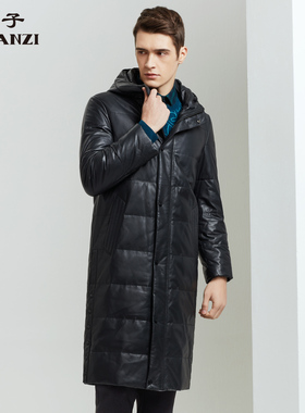 ZORANZI 庄子男装冬季中长款连帽皮羽绒男士白鸭绒外套LMR17700