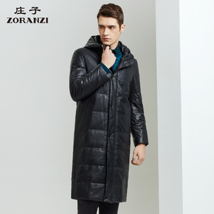 ZORANZI 庄子男装冬季中长款连帽皮羽绒男士白鸭绒外套LMR17700