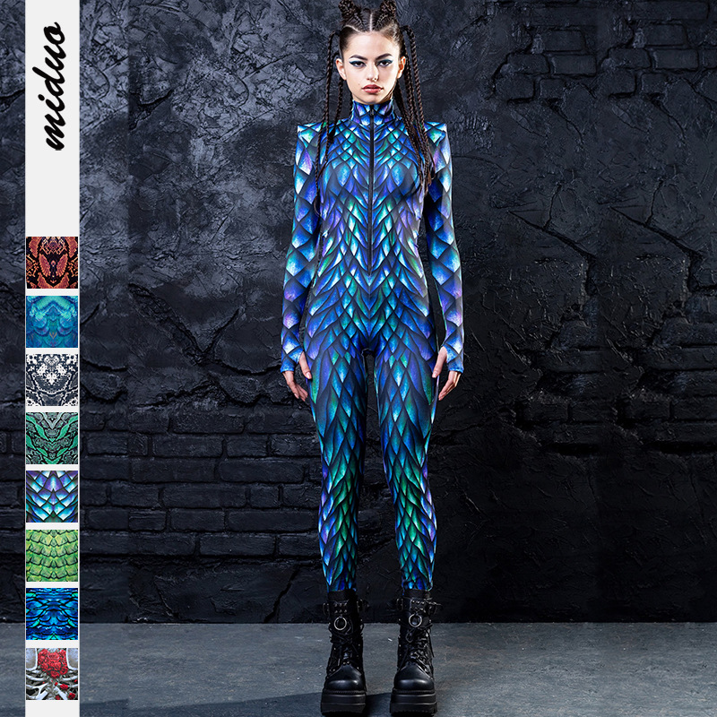 2022秋季蛇纹3D数码印花女士coplay拉链紧身长袖连体裤