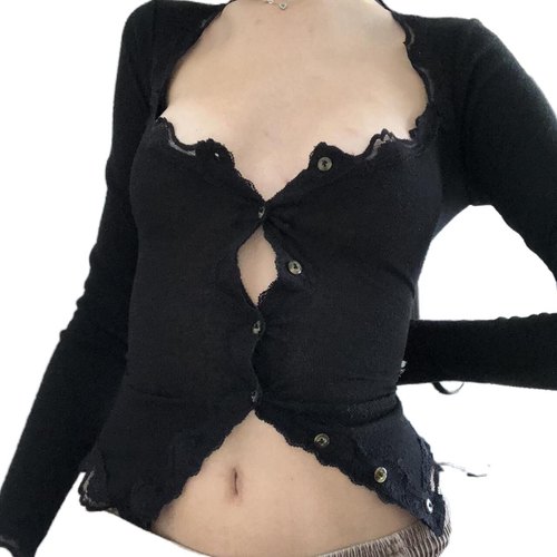 哥特亚文化y2k辣妹前开扣超大领低胸蕾丝边纯黑紧身收腰长袖T恤