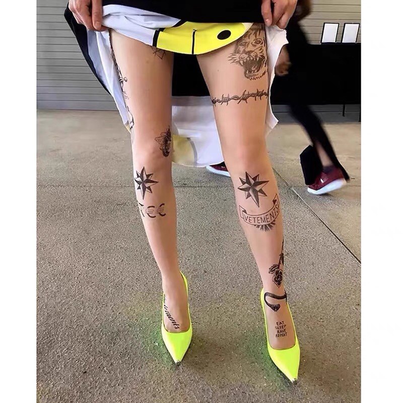 朋克辣妹new school摇滚纹身tattoo字印花薄款隐连体丝袜