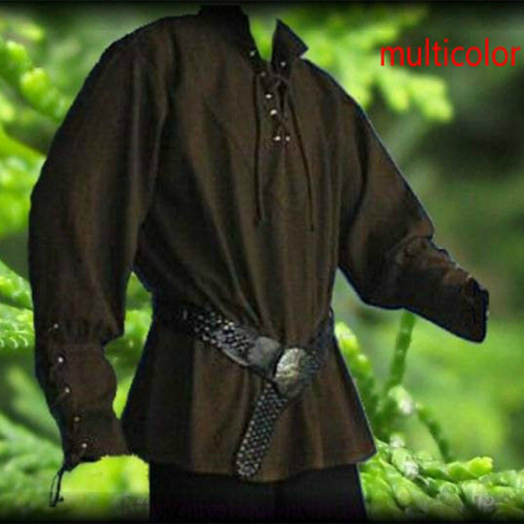 外贸中世纪服装男士复古立领绑带宽松上衣话剧表演服衬衫长袖