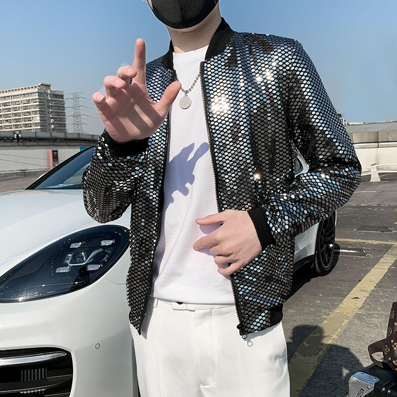 夜店DJ舞台演出闪亮片外套男2023新款潮流韩版修身立领防晒衣夹克